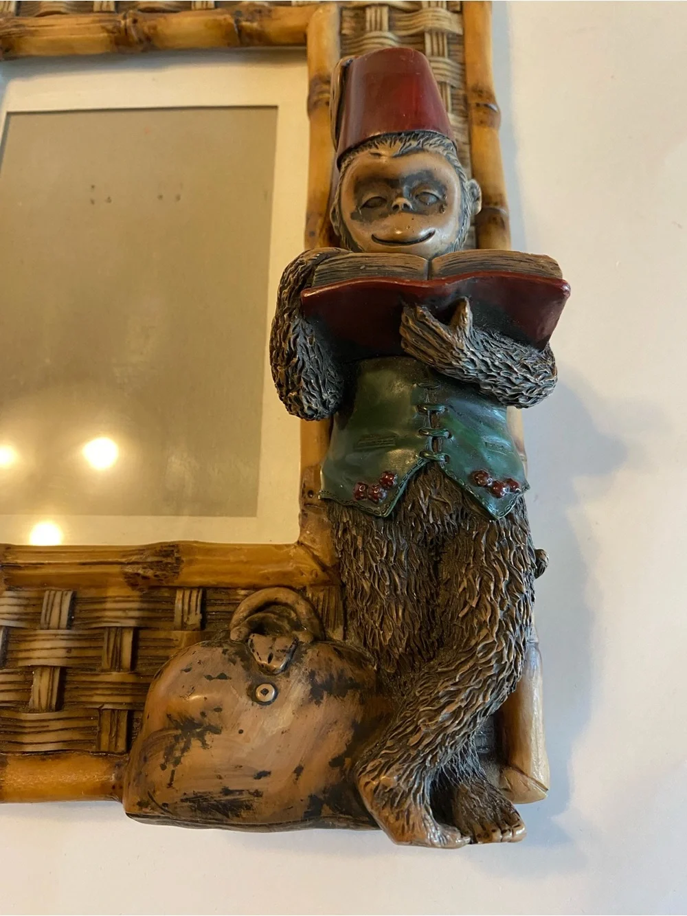 Hollywood Regency Building VTG Picture Frame Faux Bamboo Monkey Boho Tiki 3.5x5